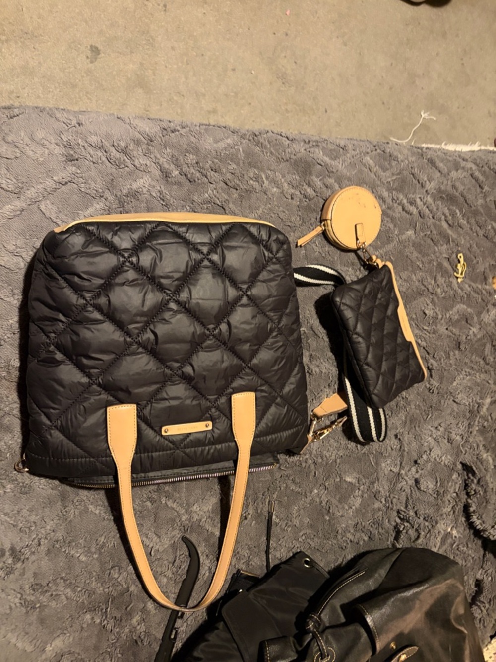 Anne Klein Black Quilted Tote with Tan Trim and Matching Pouches